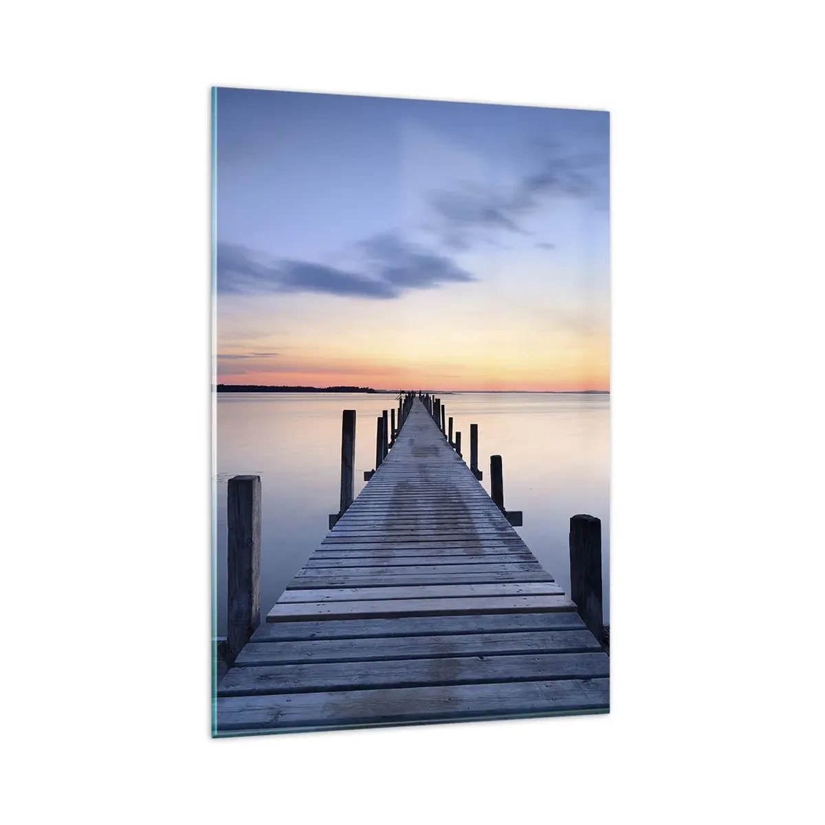 Impression sur verre - Image sur verre - Jetée en bois sur le lac au coucher du soleil - 80x120cm - Le calme d'un crépuscule serein - Décoration murale moderne pour le salon et la chambre ARTTOR