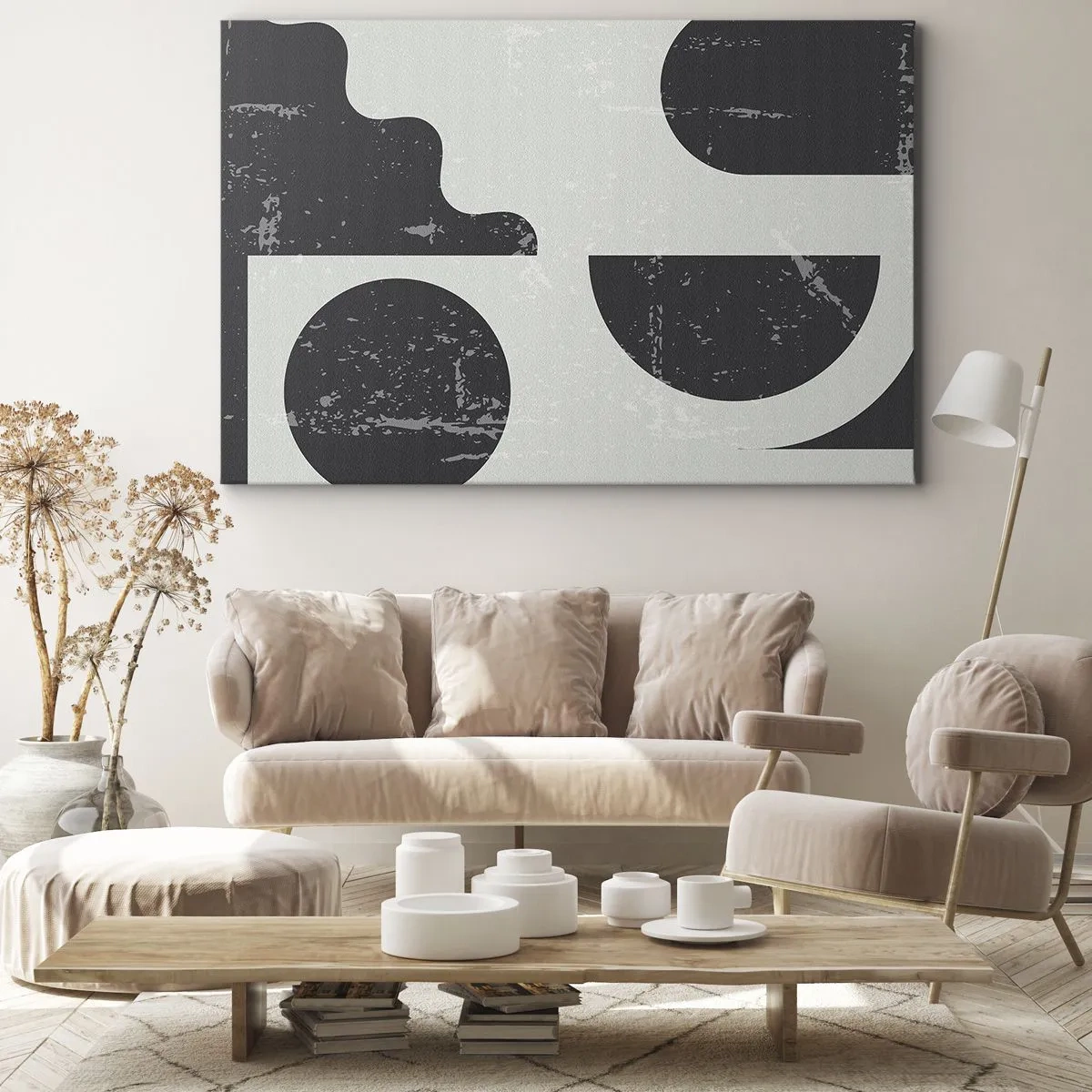 Impression sur toile - Image sur toile - Motifs géométriques dans les tons de noir et de gris - 70x50cm - Composition dessus et dessous - Décoration murale moderne pour le salon et la chambre ARTTOR