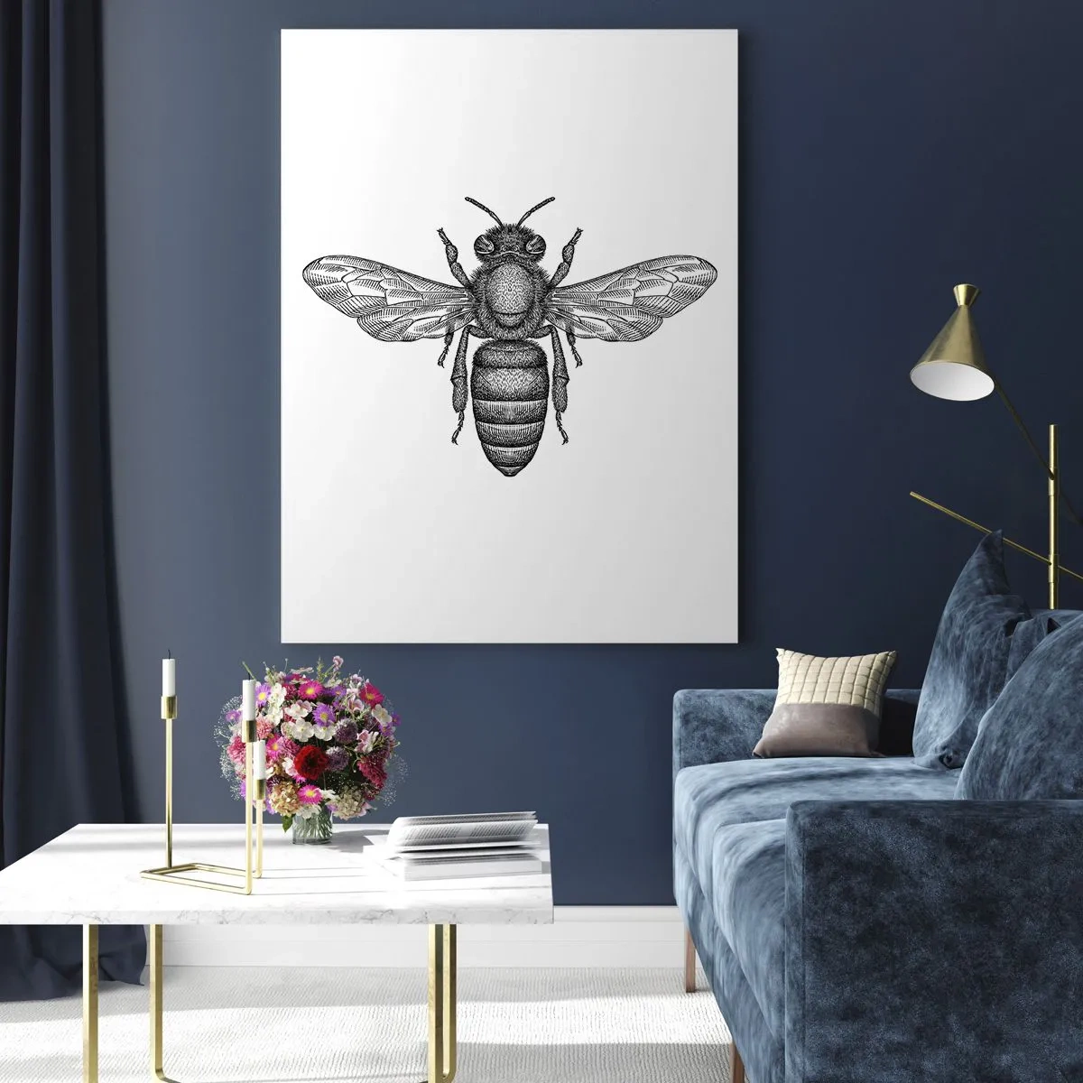 Impression sur verre - Image sur verre - Illustration détaillée d'une abeille rétro sur fond blanc - 50x70cm - Portrait d'insecte - Décoration murale moderne pour le salon et la chambre ARTTOR