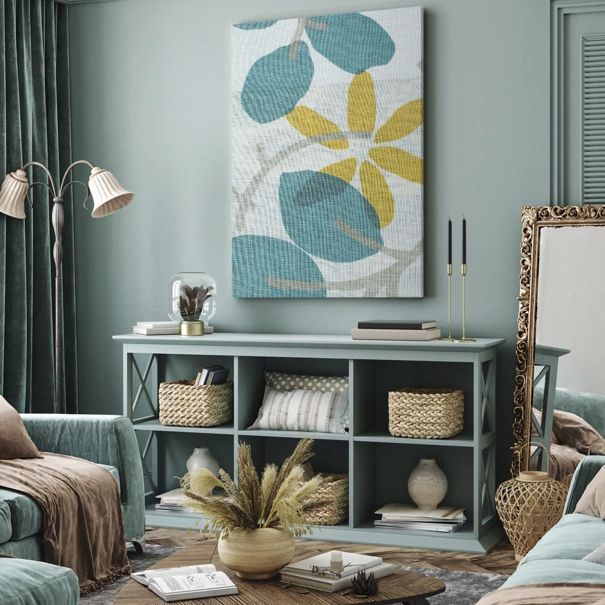 Impression sur toile - Image sur toile - Feuilles aux tons turquoise et jaune sur fond clair - 50x70cm - Wśród lazurowych liści - Décoration murale moderne pour le salon et la chambre ARTTOR