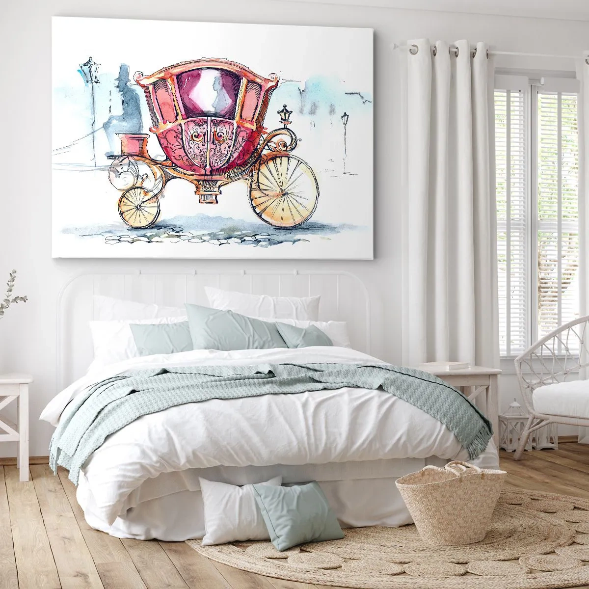 Impression sur toile - Image sur toile - Une illustration élégante d'une voiture ancienne aux couleurs pastel. - 100x70cm - À un mariage ou à un bal ? - Décoration murale moderne pour le salon et la chambre ARTTOR