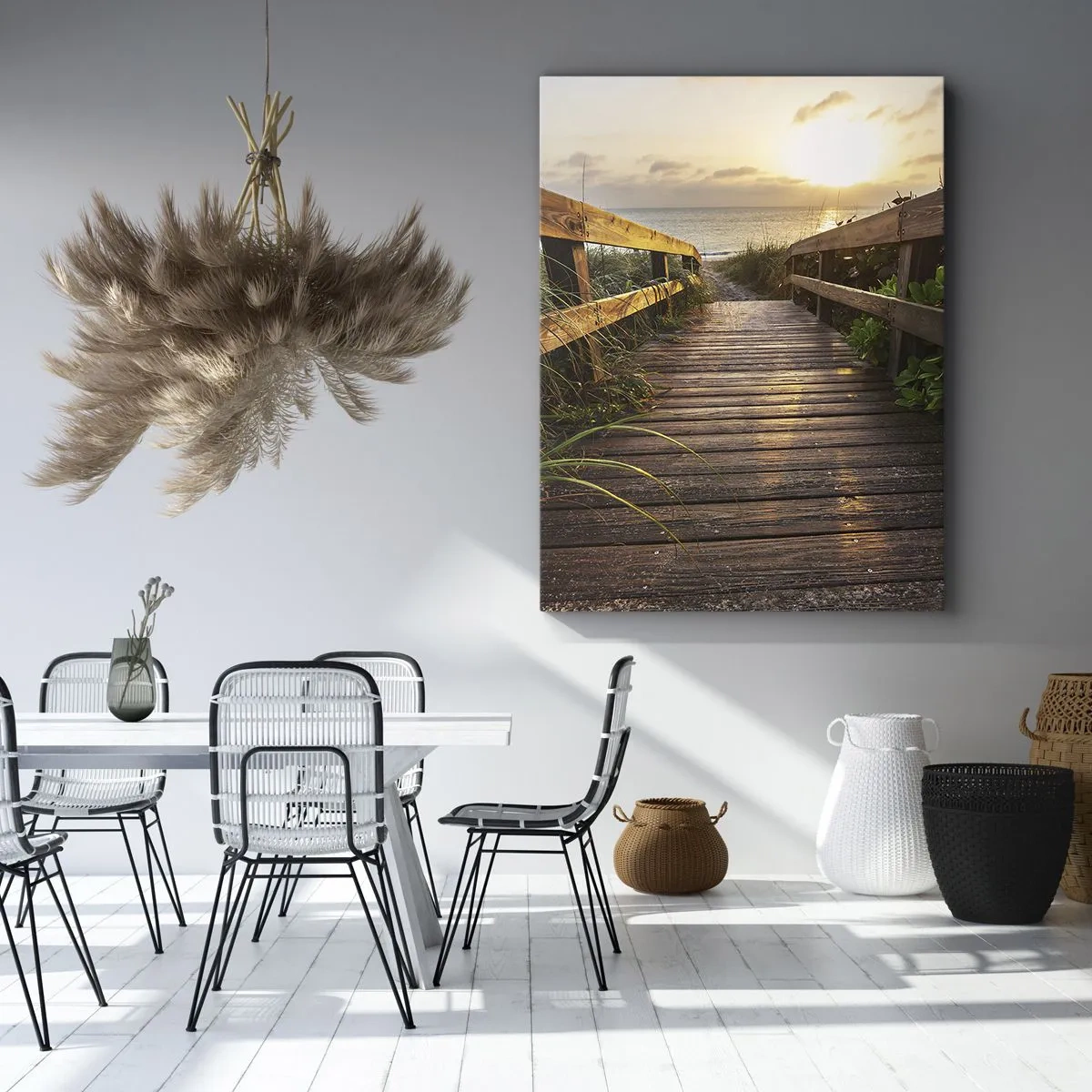 Impression sur toile - Image sur toile - Jetée en bois menant à la plage au coucher du soleil - 50x70cm - Tout droit vers le rivage - Décoration murale moderne pour le salon et la chambre ARTTOR