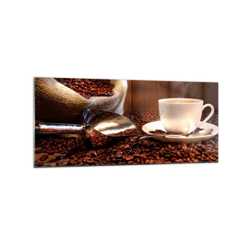 Impression sur verre - Image sur verre - Une tasse de café avec des grains de café et un sac de céréales en arrière-plan - 120x50cm - Sentez-vous cette odeur? - Décoration murale moderne pour le salon et la chambre ARTTOR