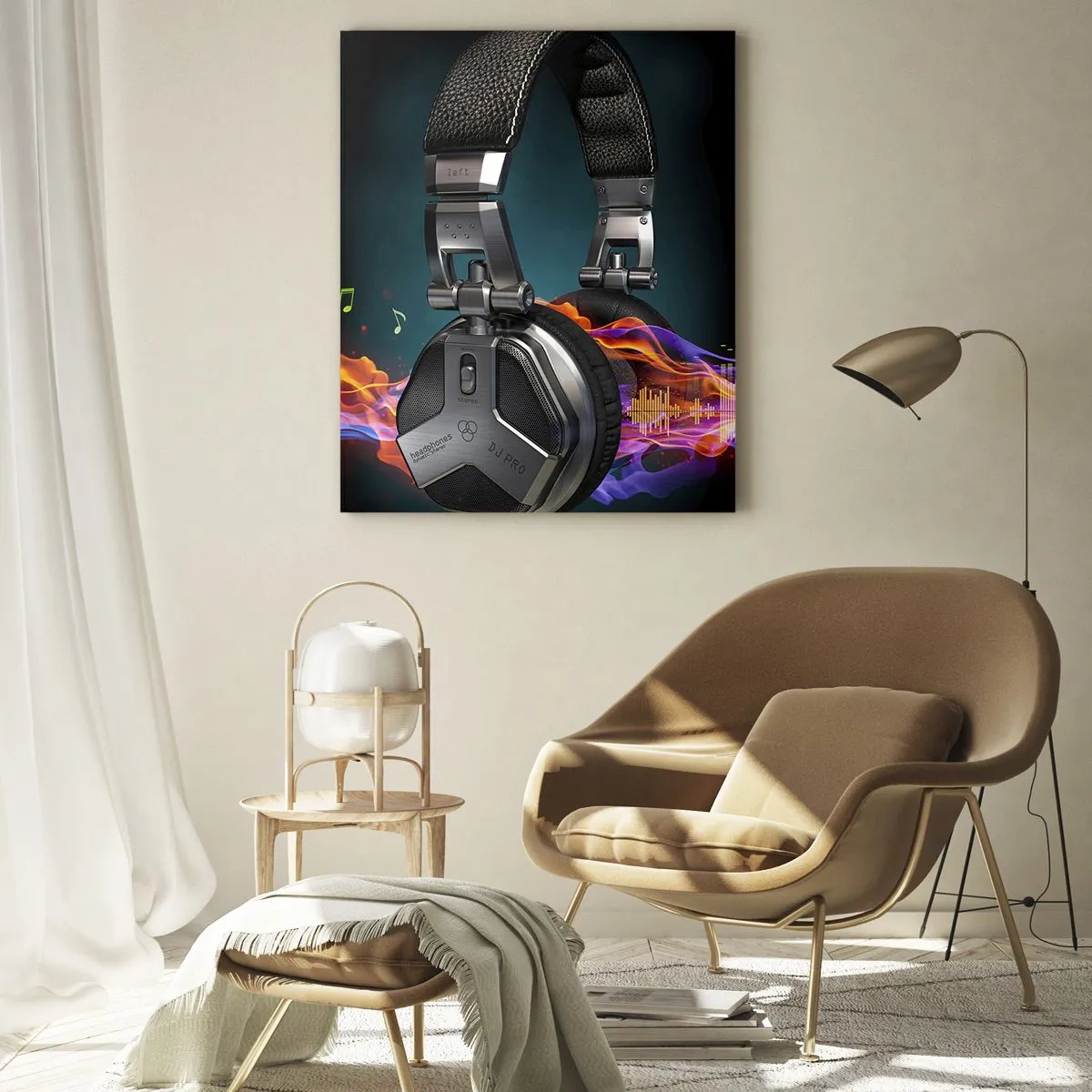 Impression sur verre - Image sur verre - Casque noir avec effet de visualisation musicale colorée - 80x120cm - Dans le feu de la musique - Décoration murale moderne pour le salon et la chambre ARTTOR