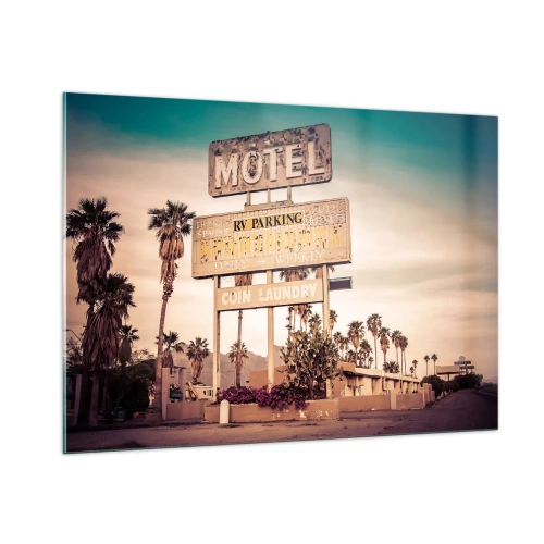 Impression sur verre - Image sur verre - Une vieille enseigne de motel entourée de palmiers crée une ambiance rétro - 100x70cm - Ici, le temps s'est arrêté - Décoration murale moderne pour le salon et la chambre ARTTOR