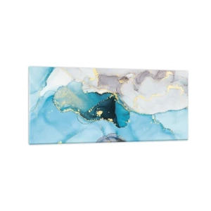 Impression sur verre - Image sur verre - Abstraction dans les tons de bleu et d'or avec des lignes subtiles - 120x50cm - Etude de la rencontre gris et turquoise - Décoration murale moderne pour le salon et la chambre ARTTOR