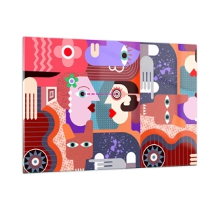 Impression sur verre - Image sur verre - Une composition abstraite de visages et de formes aux couleurs intenses. - 120x80cm - Les yeux dans les yeux - Décoration murale moderne pour le salon et la chambre ARTTOR