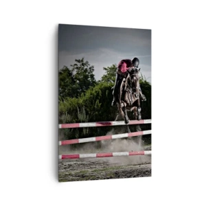Impression sur toile - Image sur toile - Un cavalier sur un cheval sautant par-dessus un obstacle sur une piste de course - 80x120cm - Ensemble pour la victoire - Décoration murale moderne pour le salon et la chambre ARTTOR