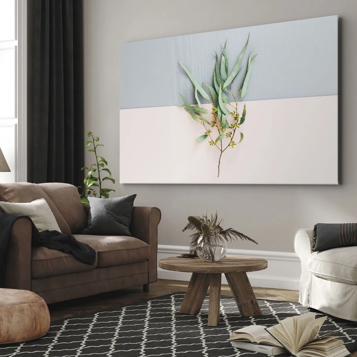 Impression sur toile - Image sur toile - Une branche avec des feuilles sur un fond de tons pastel - 70x50cm - Subtilité pastel - Décoration murale moderne pour le salon et la chambre ARTTOR