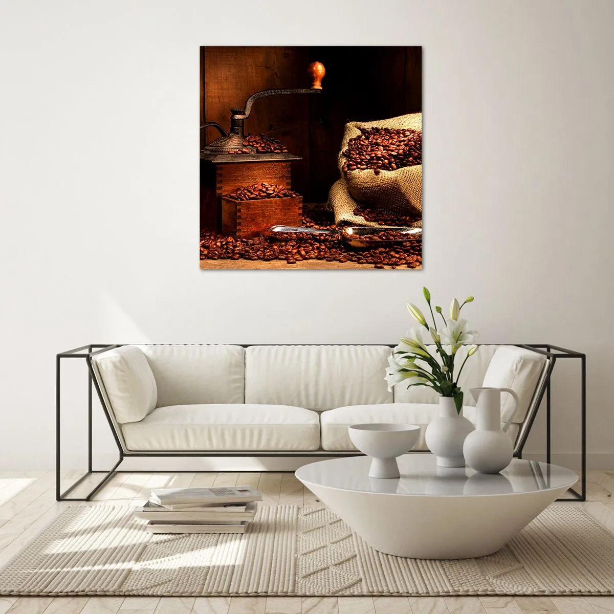 Impression sur verre - Image sur verre - Nature morte avec grains de café et moulin - 70x70 cm