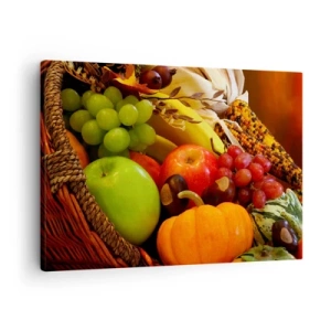 Impression sur toile - Image sur toile - Un panier de fruits, de citrouilles et de maïs sur fond de couleurs d'automne. - 70x50cm - Panier de récolte - Décoration murale moderne pour le salon et la chambre ARTTOR