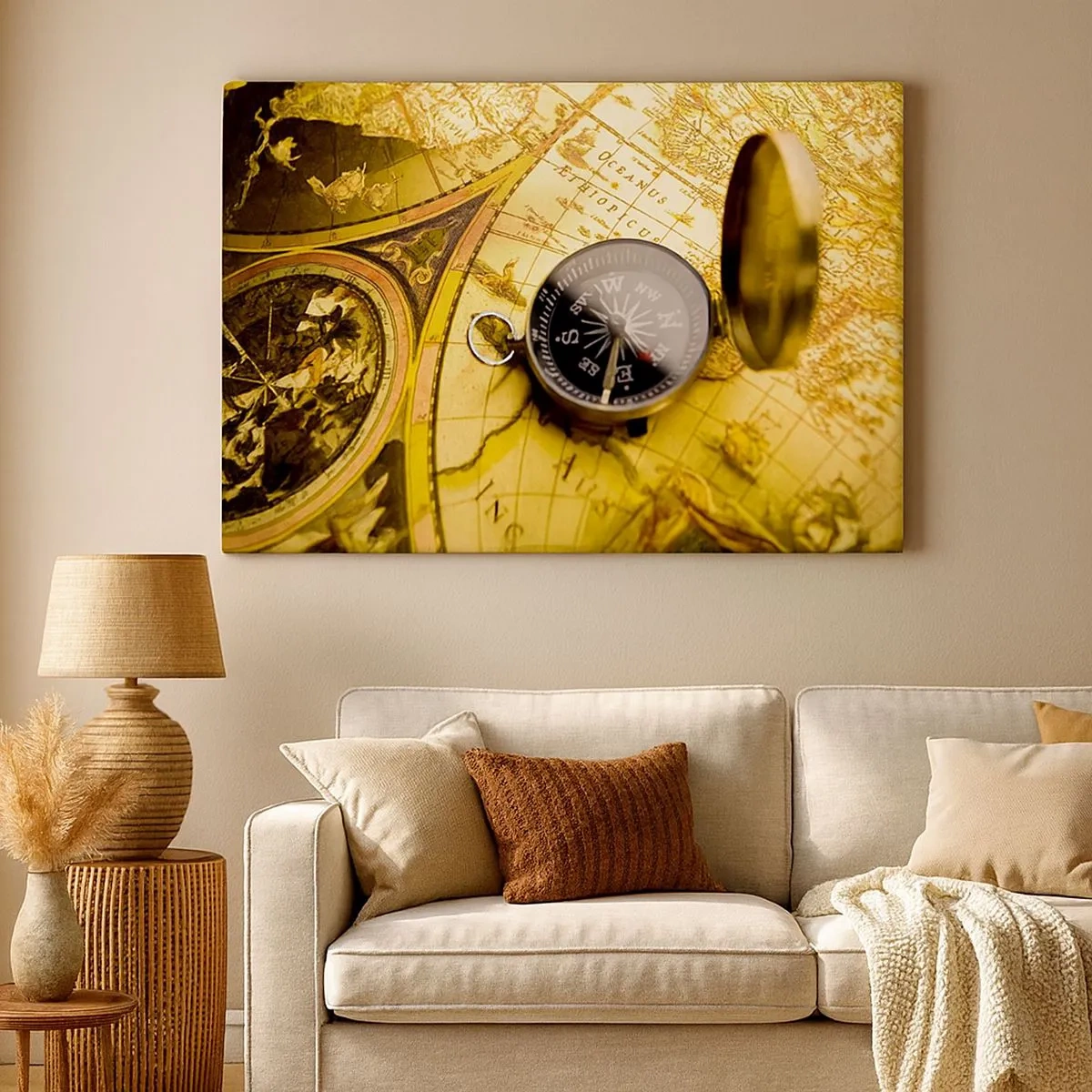 Impression sur toile - Image sur toile - Une boussole antique sur fond d'une vieille carte du monde - 70x50cm - Ou peut-être jusqu'au bout du monde ? - Décoration murale moderne pour le salon et la chambre ARTTOR