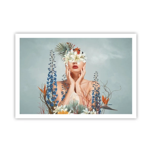 Affiche - Poster - Portrait d'une femme avec un motif floral sur fond bleu - 100x70cm - Femme - fleur - Décoration murale moderne pour le salon et la chambre ARTTOR