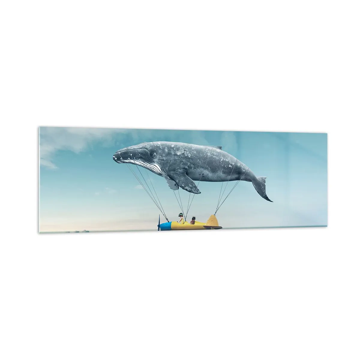 Impression sur verre - Image sur verre - Une baleine volante transporte un avion dans un décor surréaliste. - 160x50cm - Pourquoi pas? - Décoration murale moderne pour le salon et la chambre ARTTOR
