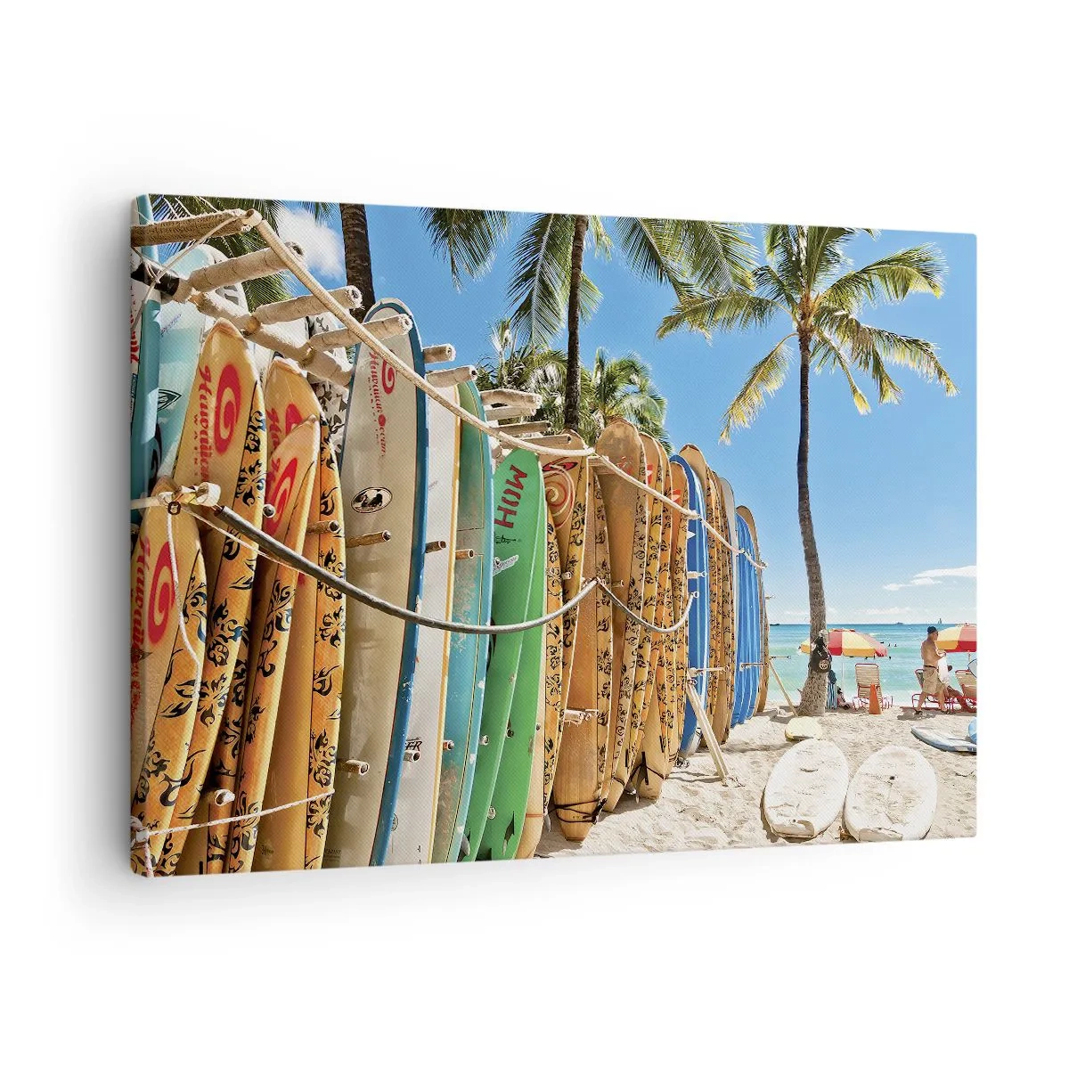 Impression sur toile - Image sur toile - Planches de surf sur une plage avec des palmiers - 70x50cm - Jeux ensoleillés - Décoration murale moderne pour le salon et la chambre ARTTOR