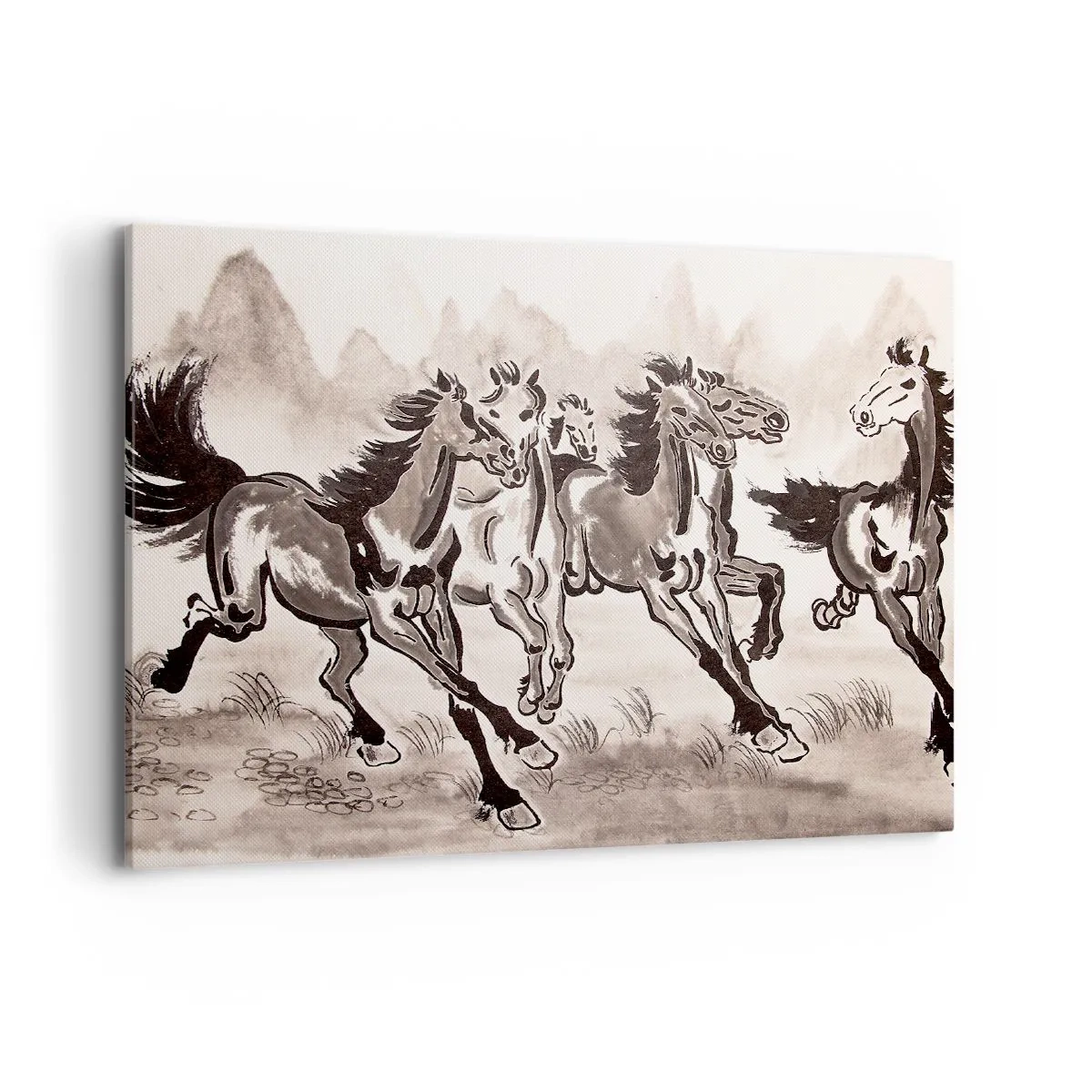 Impression sur toile - Image sur toile - Graphiques dynamiques de chevaux au galop dans un style oriental - 100x70cm - Dans un joyeux galop - Décoration murale moderne pour le salon et la chambre ARTTOR