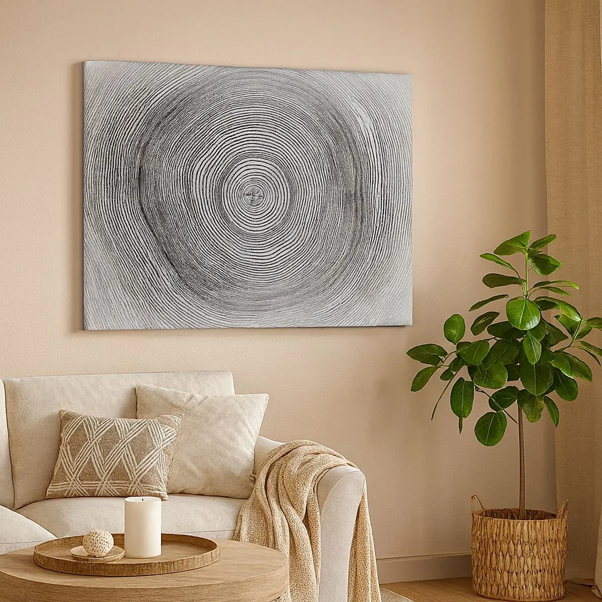 Impression sur toile - Image sur toile - Motif de cernes d'arbre noir et blanc montrant une coupe transversale du tronc - 70x50cm - Signe du temps - Décoration murale moderne pour le salon et la chambre ARTTOR