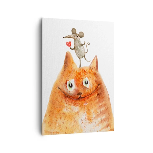 Impression sur toile - Image sur toile - Un dessin d'un chat avec une souris sur la tête tenant un cœur - 70x100cm - Amour paradoxal - Décoration murale moderne pour le salon et la chambre ARTTOR
