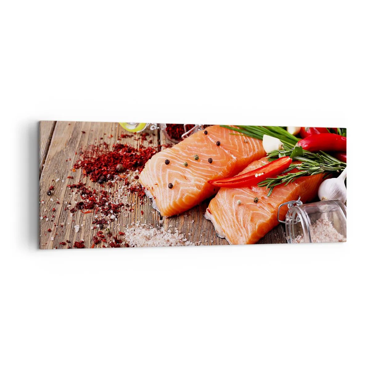 Impression sur toile - Image sur toile - Filets de saumon aux épices sur fond de bois - 140x50cm - Aventure norvégienne dans la cuisine - Décoration murale moderne pour le salon et la chambre ARTTOR