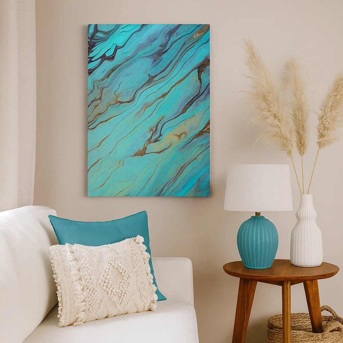 Impression sur toile - Image sur toile - Vagues abstraites dans des tons turquoise et or - 50x70cm - Marée turquoise - Décoration murale moderne pour le salon et la chambre ARTTOR