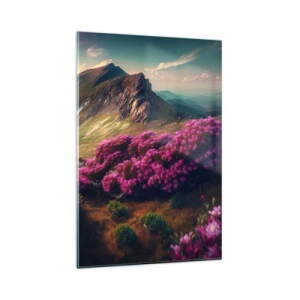 Impression sur verre - Image sur verre - Paysage de montagne avec des rhododendrons en fleurs - 80x120cm - L'été à la montagne - Décoration murale moderne pour le salon et la chambre ARTTOR