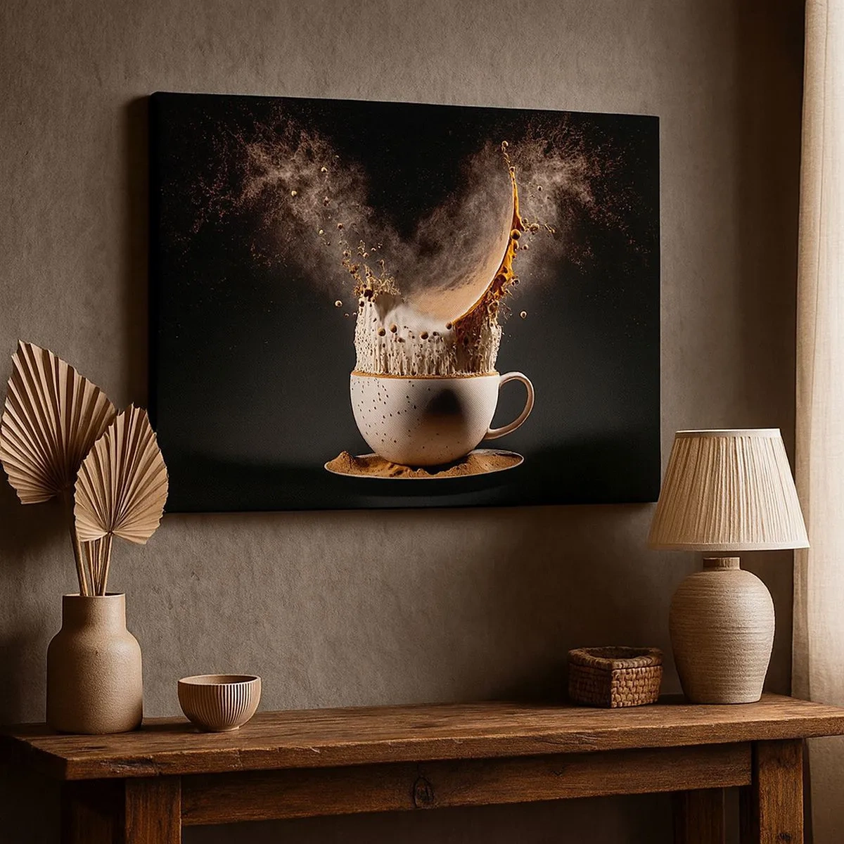Impression sur toile - Image sur toile - Une tasse de café avec une explosion dynamique de liquide sur fond noir. - 70x50cm - Une explosion de saveur - Décoration murale moderne pour le salon et la chambre ARTTOR