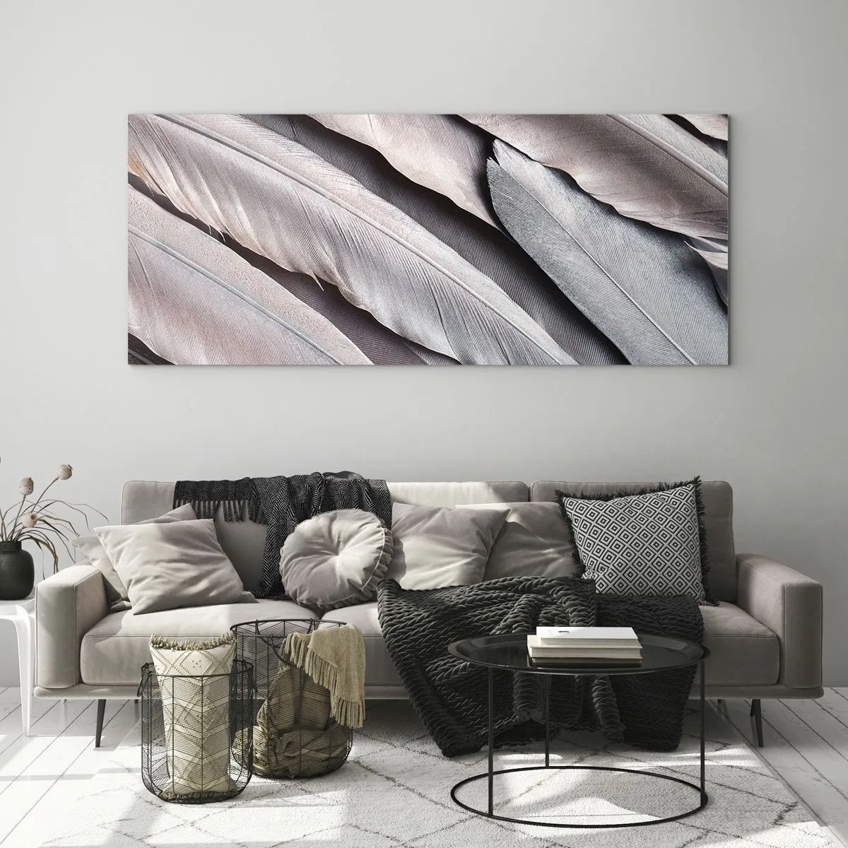 Impression sur verre - Image sur verre - Plumes délicates dans des tons subtils de gris et de beige - 120x50cm - En argent rose - Décoration murale moderne pour le salon et la chambre ARTTOR