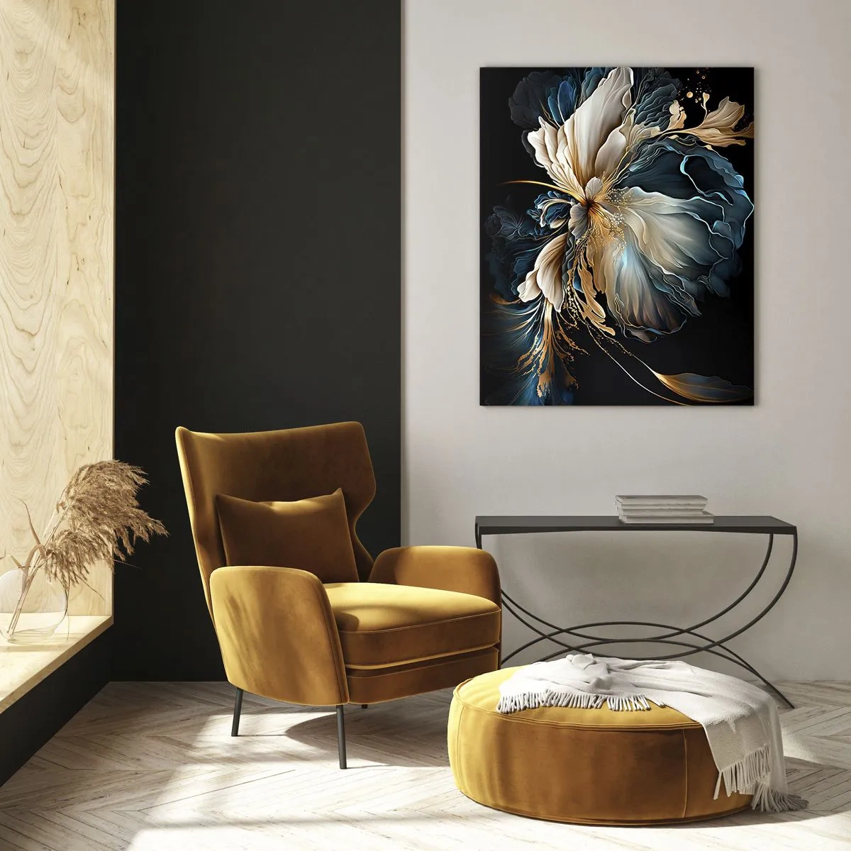 Impression sur verre - Image sur verre - Une fleur dans les tons or et bleu marine sur fond noir - 80x120cm - Fleur de fougère de conte de fées - Décoration murale moderne pour le salon et la chambre ARTTOR