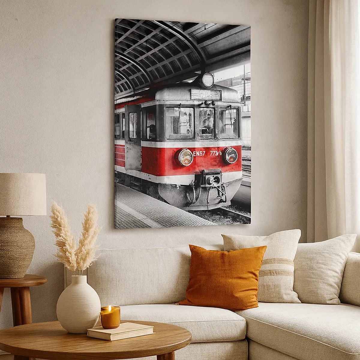 Impression sur toile - Image sur toile - Train rouge à la gare sous un toit - 50x70cm - C'est peut-être le voyage de votre vie ? - Décoration murale moderne pour le salon et la chambre ARTTOR
