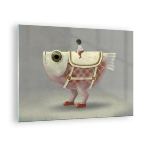 Impression sur verre - Image sur verre - Une figure chevauchant un poisson rose avec des jambes et une selle - 70x50cm - Le cavalier poisson - Décoration murale moderne pour le salon et la chambre ARTTOR