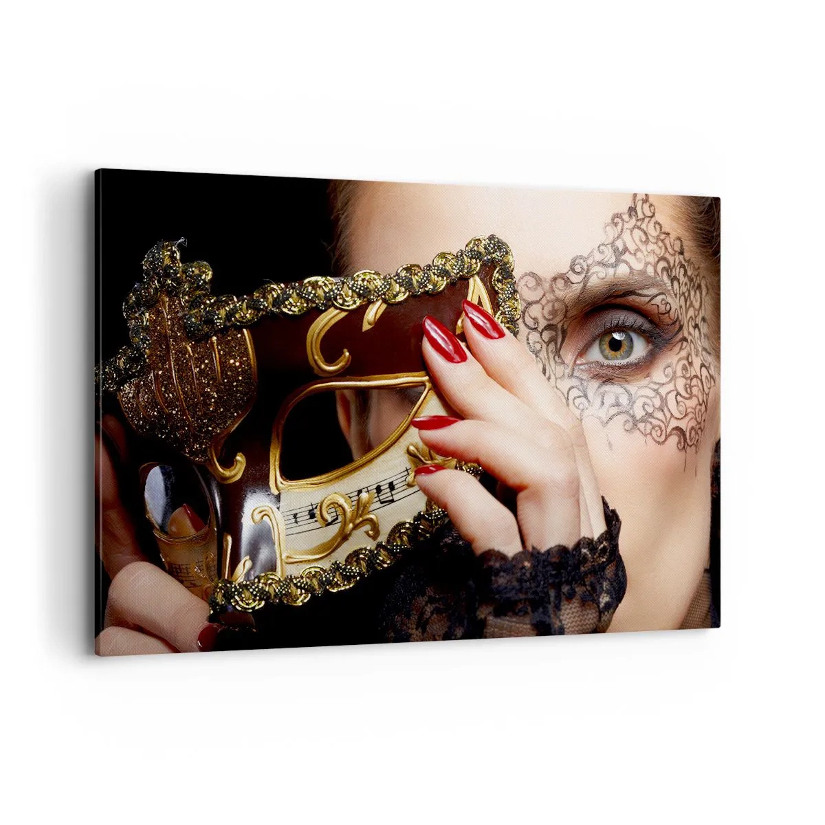 Impression sur toile - Image sur toile - Une femme portant un masque vénitien décoré d'or et de dentelle. - 120x80cm - Mon monde est baroque - Décoration murale moderne pour le salon et la chambre ARTTOR