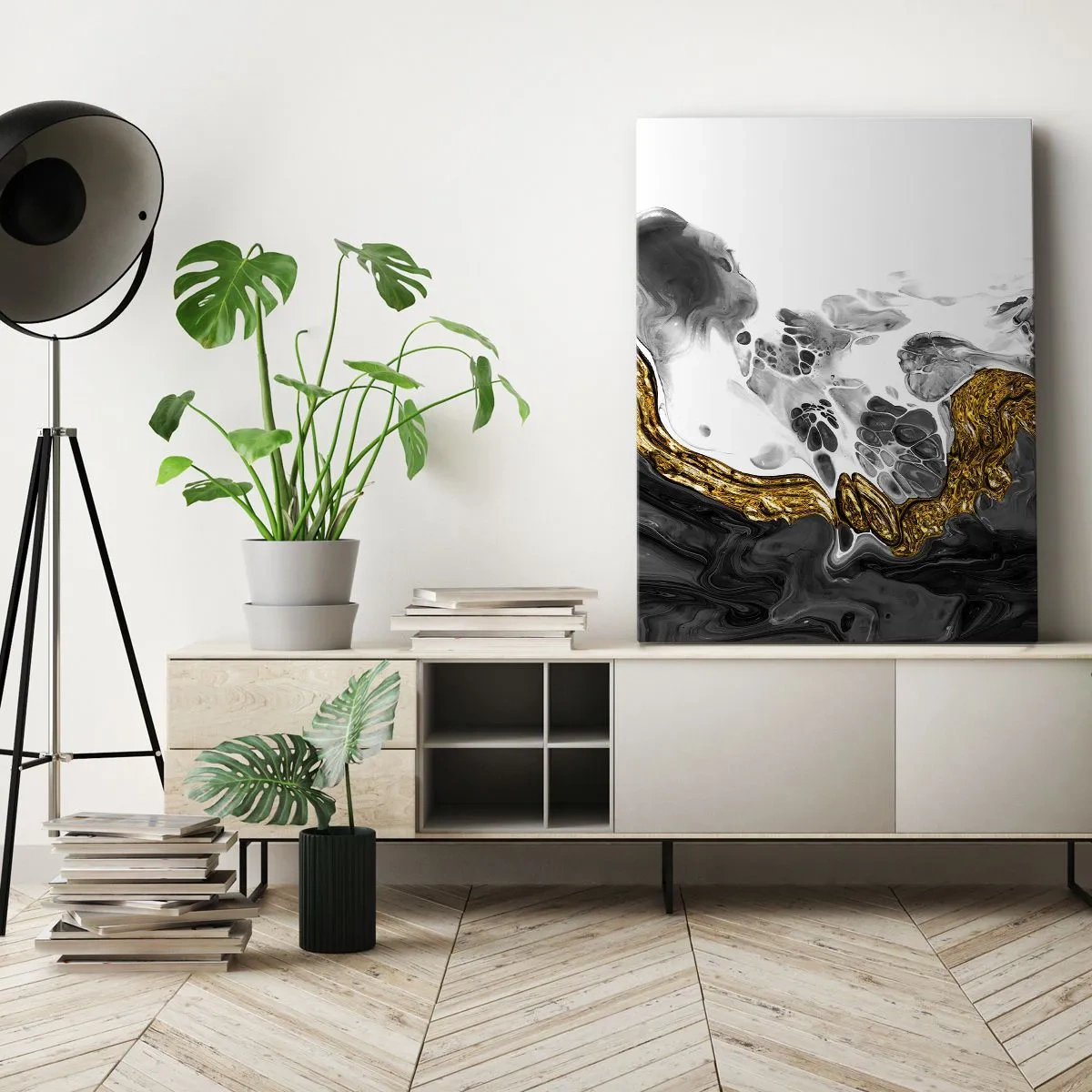 Impression sur toile - Image sur toile - Une composition abstraite avec des accents d'or et de noir. - 50x70cm - Composition organique - Décoration murale moderne pour le salon et la chambre ARTTOR