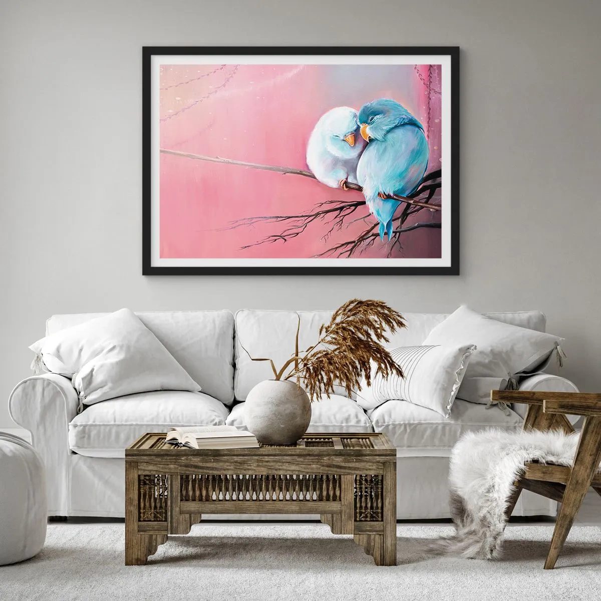 Affiche dans un cadre noir - Poster - Deux oiseaux amoureux sur une branche sur fond rose - 100x70cm - Que dire de plus?... - Décoration murale moderne pour le salon et la chambre ARTTOR