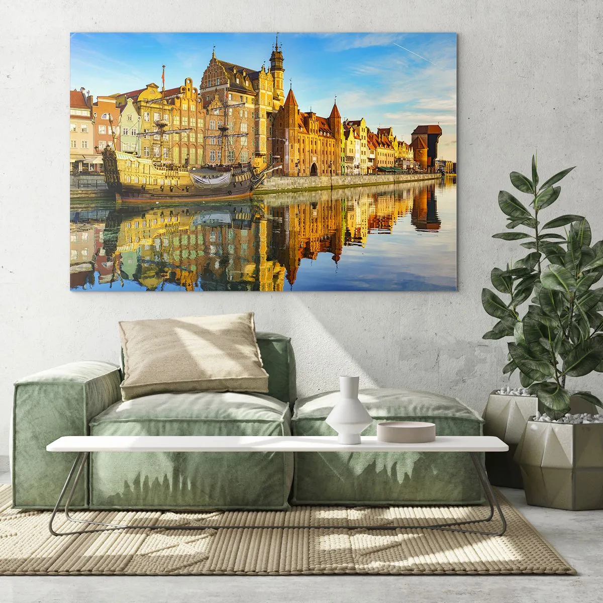 Impression sur verre - Image sur verre - La vieille ville de Gdańsk avec un reflet dans l'eau - 120x80cm - Reflet dans le miroir du passé - Décoration murale moderne pour le salon et la chambre ARTTOR