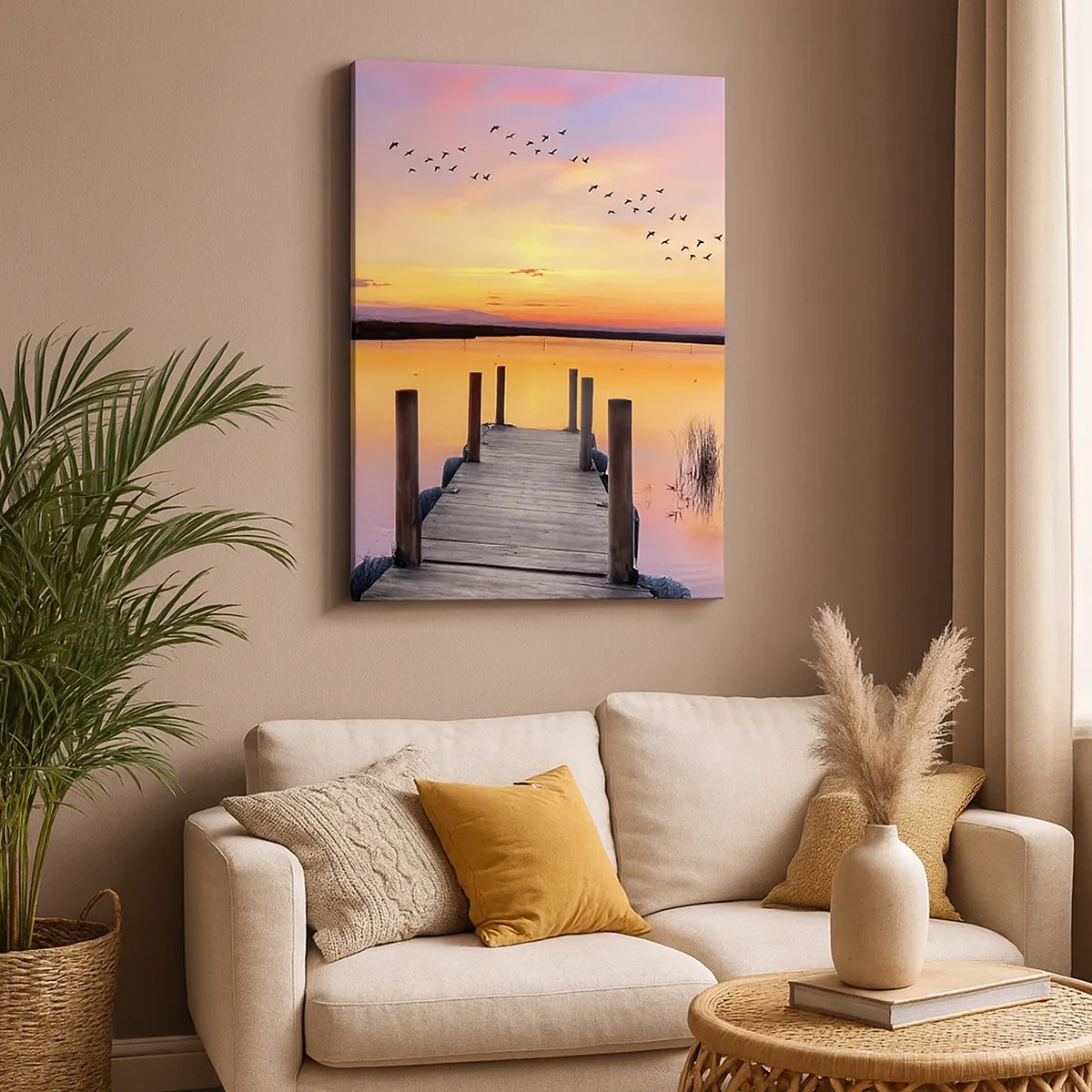 Impression sur toile - Image sur toile - Une jetée sur un lac au coucher du soleil avec des oiseaux dans le ciel - 50x70cm - Aube silencieuse violette - Décoration murale moderne pour le salon et la chambre ARTTOR