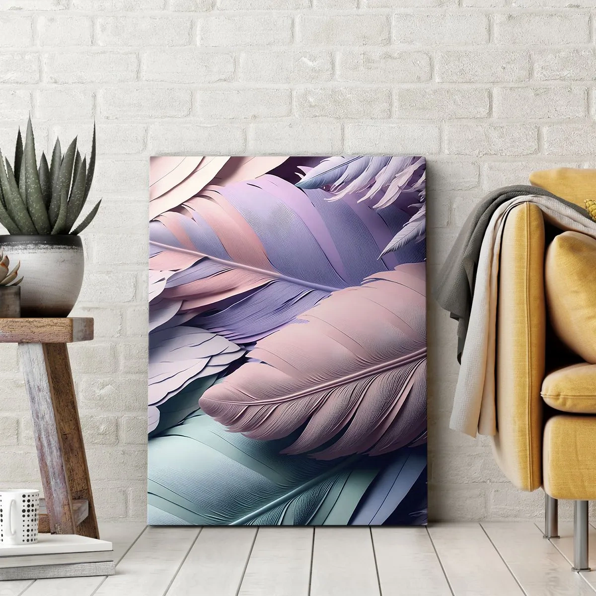 Impression sur toile - Image sur toile - Plumes colorées dans des tons pastel sur un fond clair - 50x70cm - Oiseau chic - Décoration murale moderne pour le salon et la chambre ARTTOR