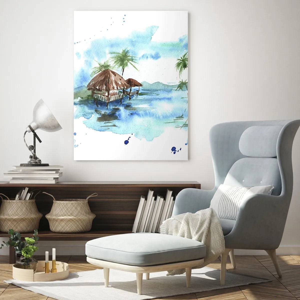 Impression sur verre - Image sur verre - Paysage tropical avec des palmiers et un chalet de style aquarelle - 50x70cm - Quelque part dans le Pacifique - Décoration murale moderne pour le salon et la chambre ARTTOR