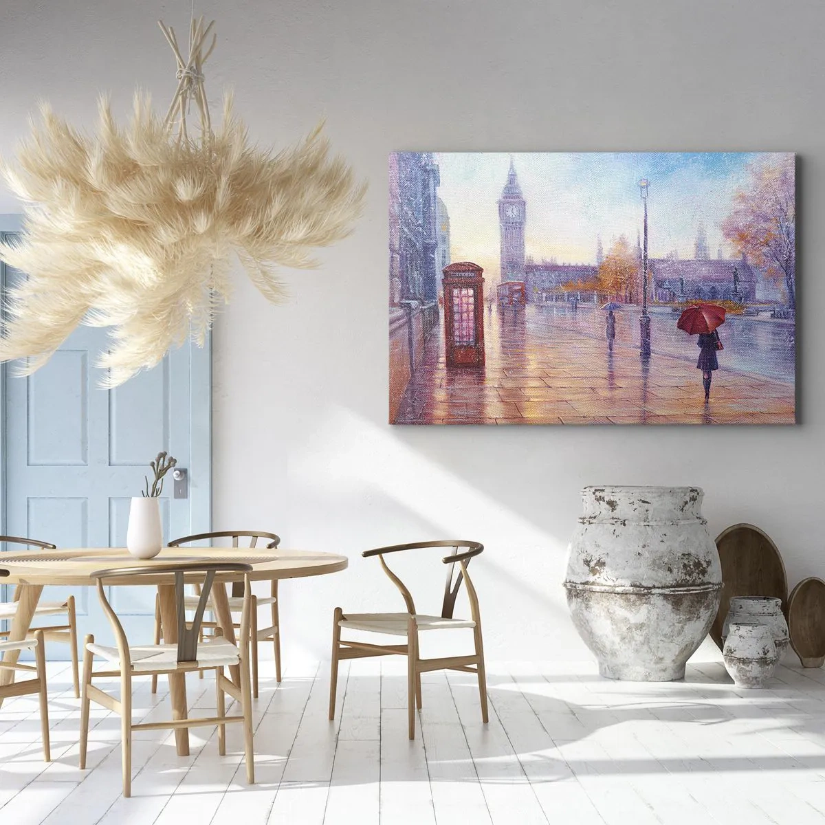 Impression sur toile - Image sur toile - Rue de Londres avec Big Ben un jour de pluie - 70x50cm - Jour automnal londonien - Décoration murale moderne pour le salon et la chambre ARTTOR