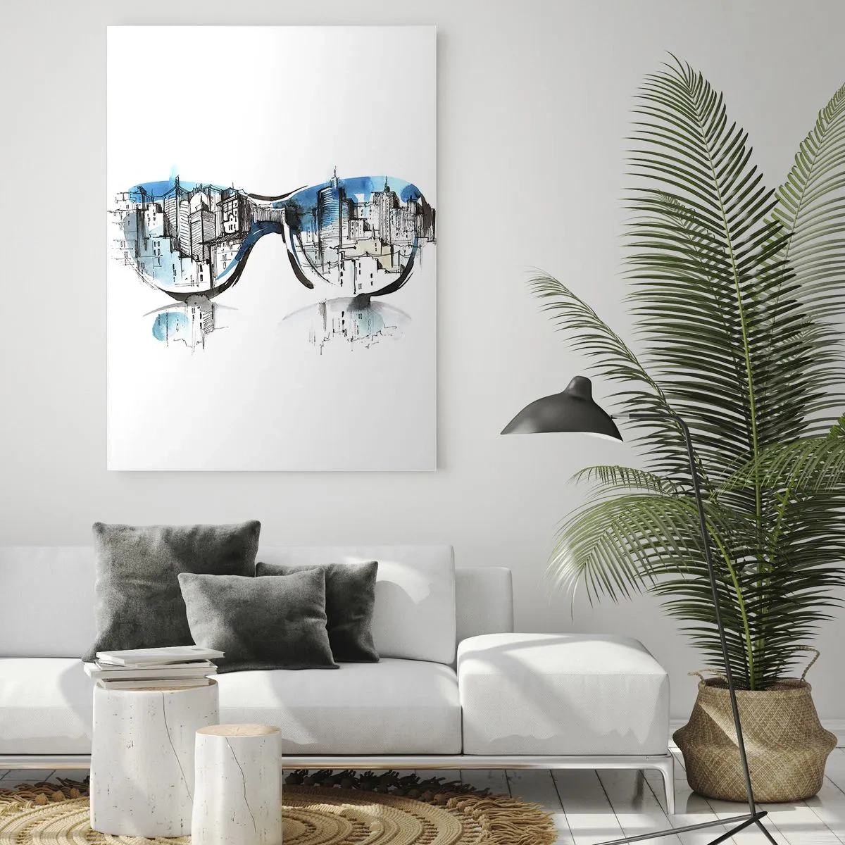Impression sur verre - Image sur verre - Le panorama de la ville reflété dans les lunettes de soleil - 50x70cm - Le chic des grandes villes - Décoration murale moderne pour le salon et la chambre ARTTOR