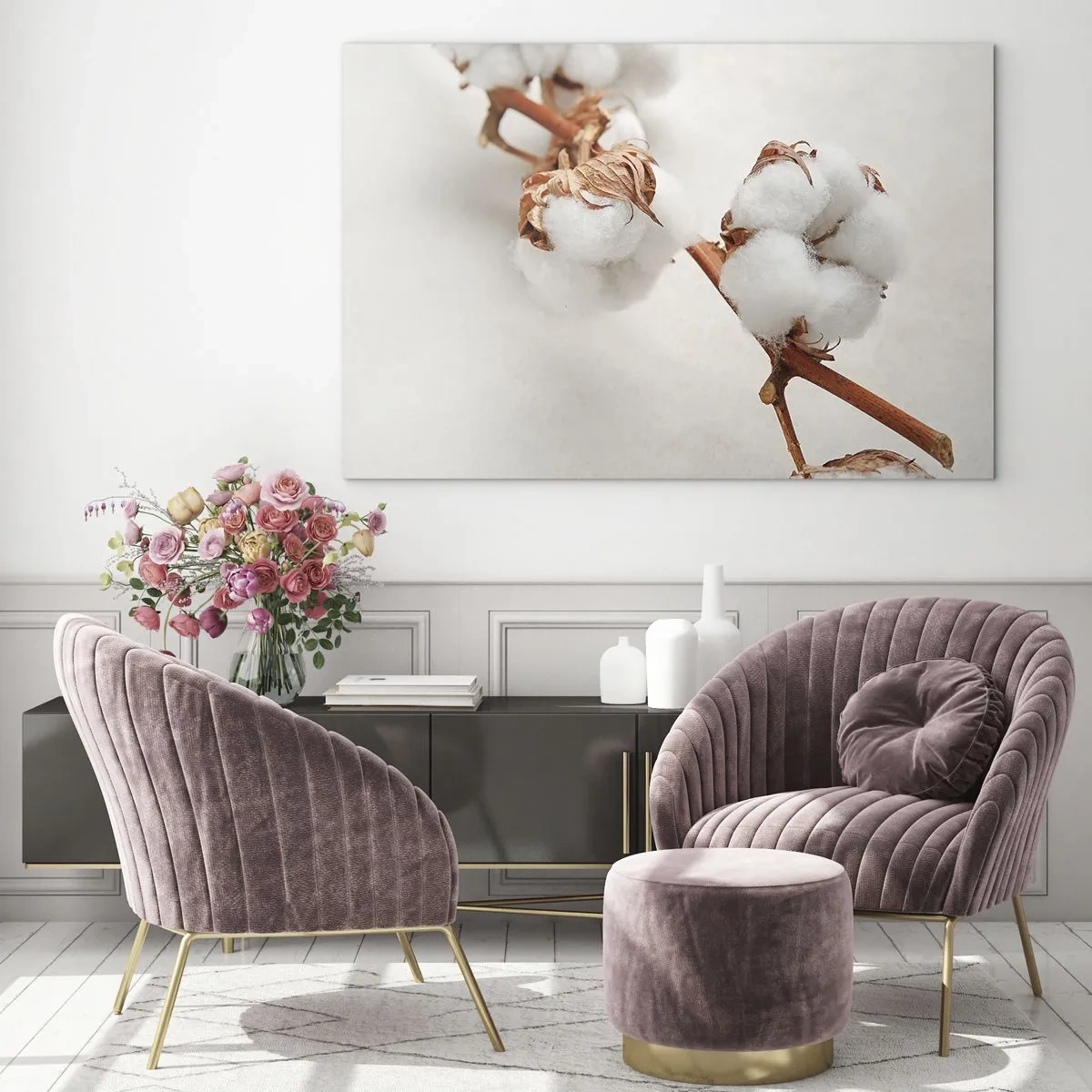 Impression sur verre - Image sur verre - Gros plan d'une branche de coton sur un fond clair - 100x70cm - Seulement caliner - Décoration murale moderne pour le salon et la chambre ARTTOR