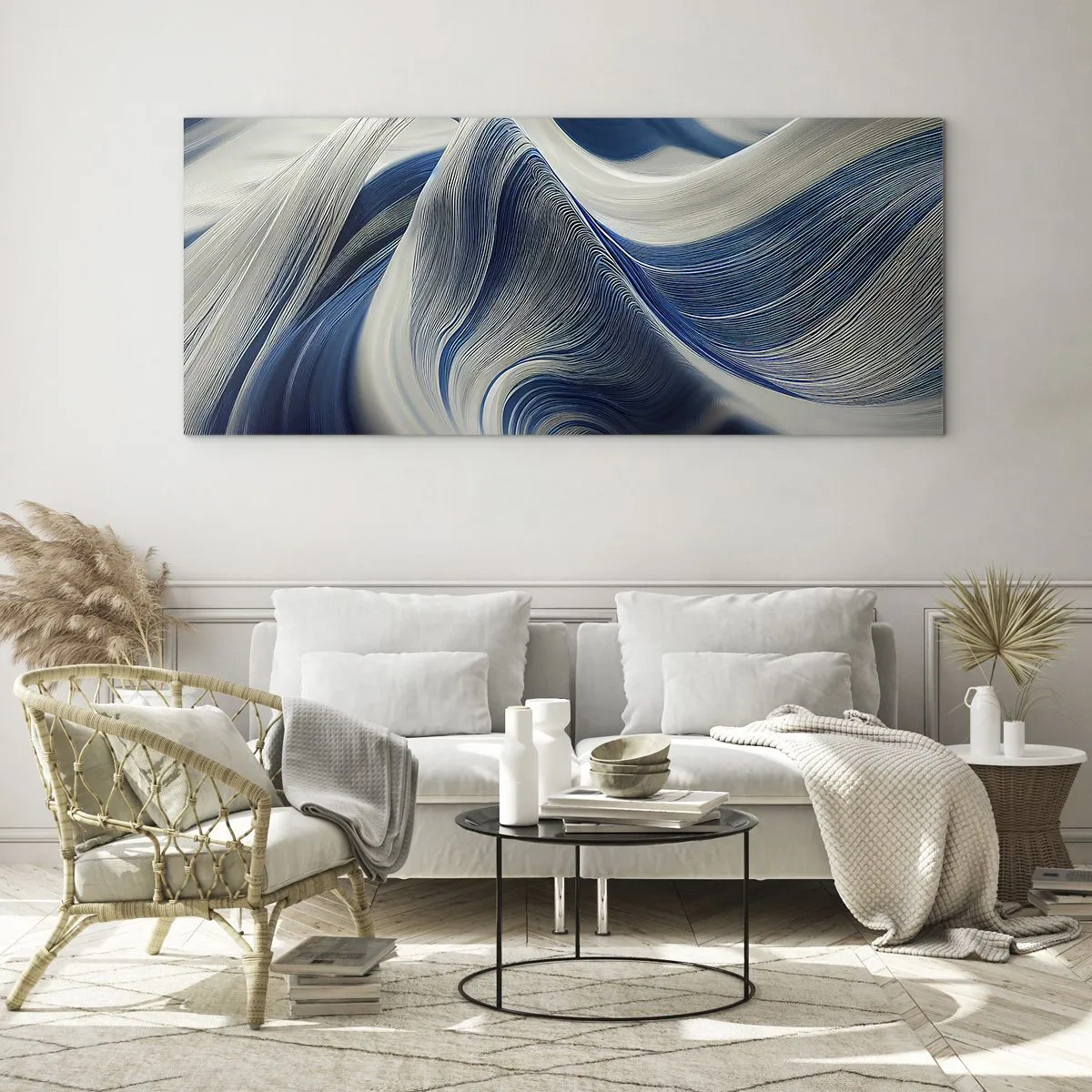 Impression sur verre - Image sur verre - La fluidité du bleu et du blanc - 100x40 cm