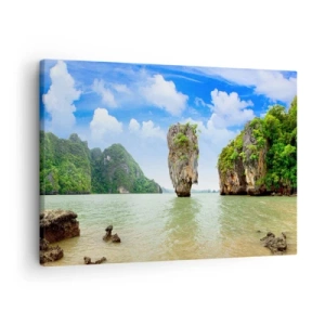 Impression sur toile - Image sur toile - Une formation rocheuse exotique entourée d'eau et de verdure sous un ciel bleu. - 70x50cm - Merveilles rocheuses de la nature - Décoration murale moderne pour le salon et la chambre ARTTOR