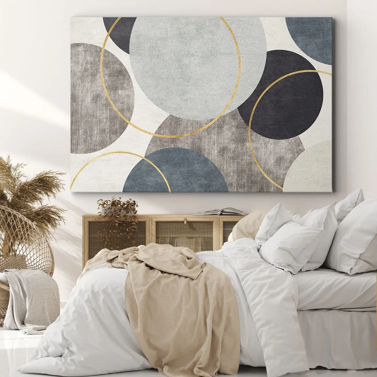 Impression sur toile - Image sur toile - Cercles géométriques dans les tons de gris, bleu et or - 120x80cm - Cercles sur cercles - Décoration murale moderne pour le salon et la chambre ARTTOR