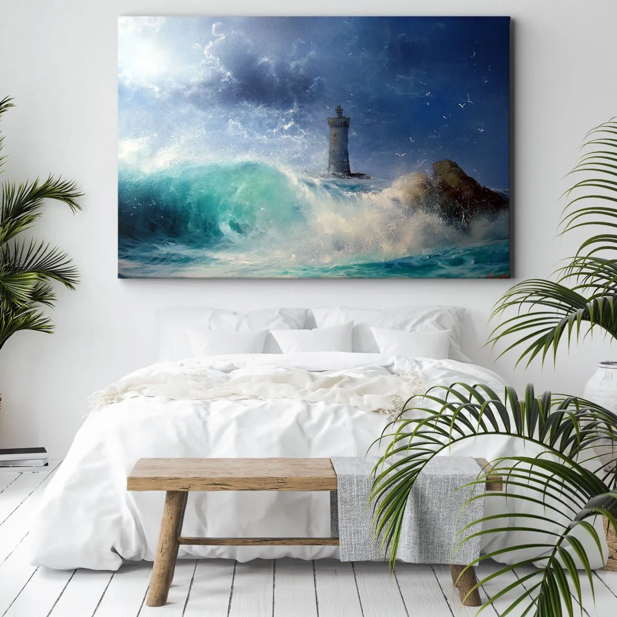 Impression sur toile - Image sur toile - Un phare entouré de vagues agitées et de nuages - 100x70cm - En garde contre les éléments - Décoration murale moderne pour le salon et la chambre ARTTOR