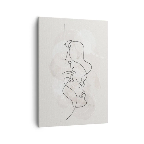 Impression sur toile - Image sur toile - Contour abstrait de deux visages sur fond clair - 50x70cm - Emmêlé dans une étreinte - Décoration murale moderne pour le salon et la chambre ARTTOR