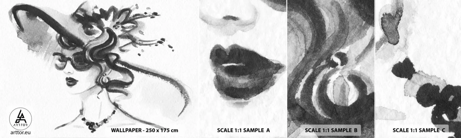 Échantillon De Papier Peint Standard Eco - Une dame de caractère - Femme au chapeau, Visage de femme, Noir et blanc - 100x30 cm