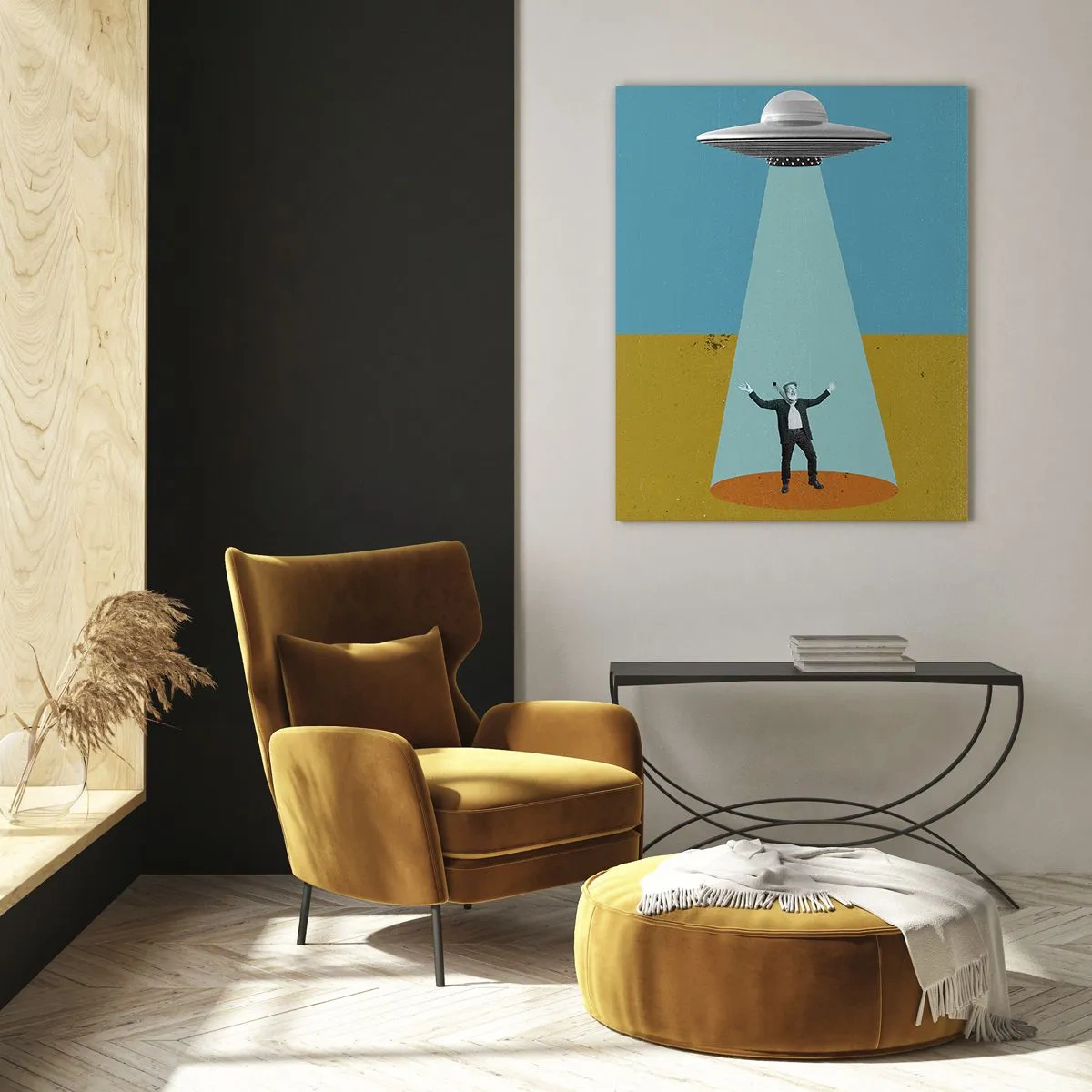 Impression sur verre - Image sur verre - Un homme à la lumière d'une soucoupe spatiale sur un fond coloré - 50x70cm - Rencontre proche - Décoration murale moderne pour le salon et la chambre ARTTOR