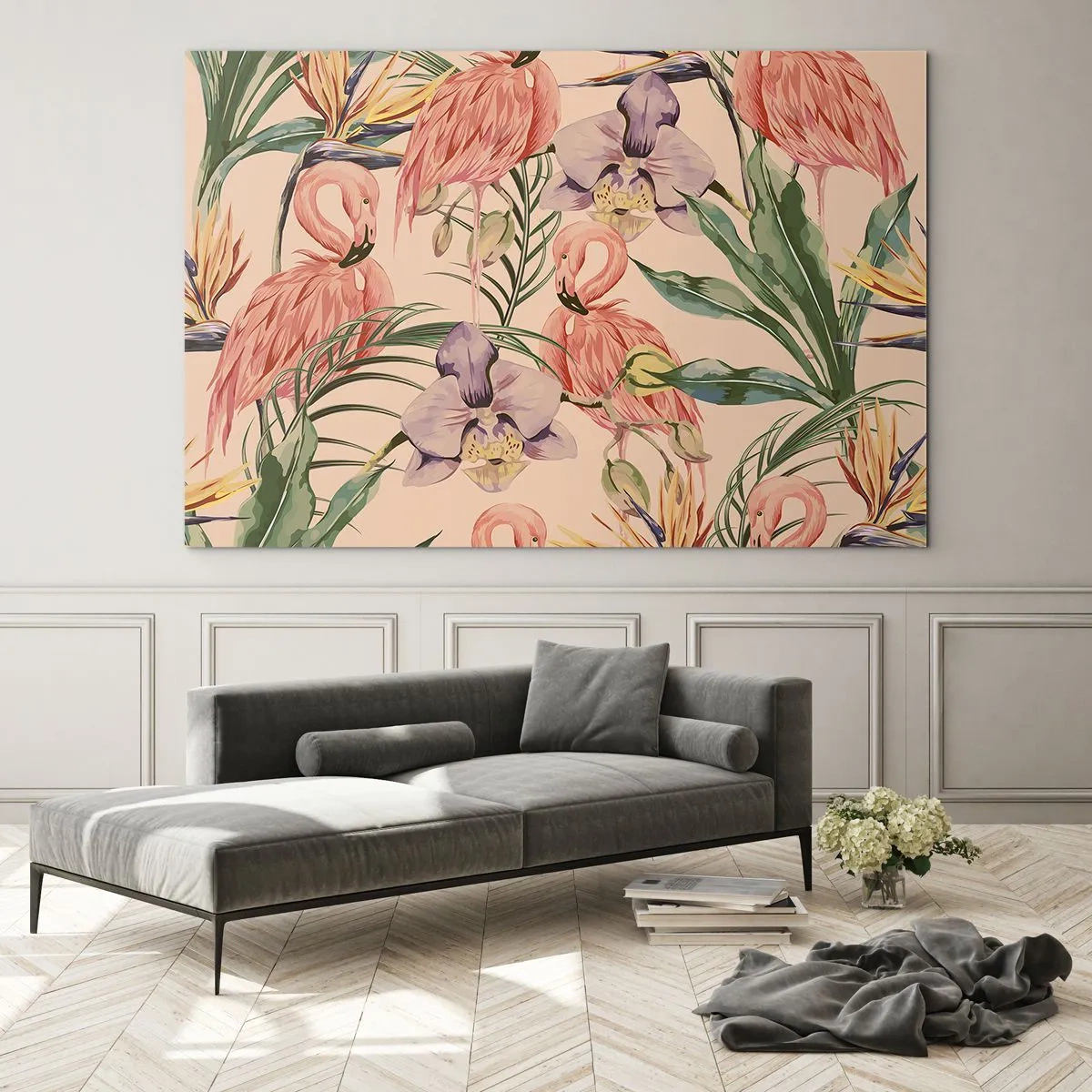 Impression sur verre - Image sur verre - Flamants roses entourés de fleurs et de plantes tropicales - 70x50cm - Ballet rose dans les fleurs - Décoration murale moderne pour le salon et la chambre ARTTOR