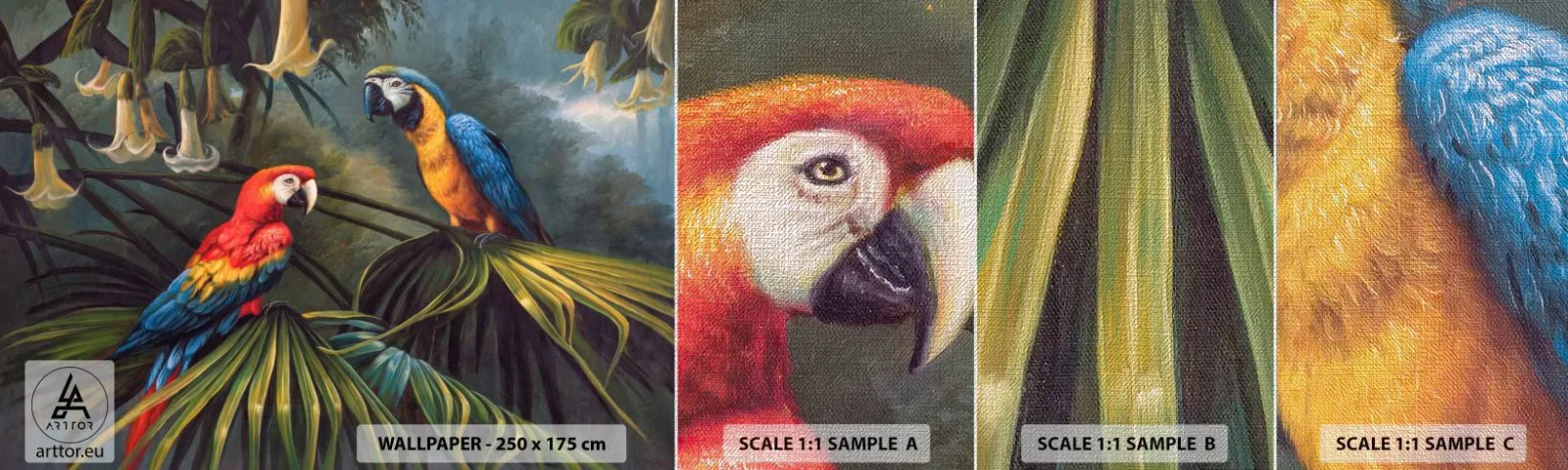 Échantillon de Papier Peint Premium Canvas - Romantisme dans les tropiques - Perroquet Ara, Animaux, Forêt tropicale - 100x30 cm
