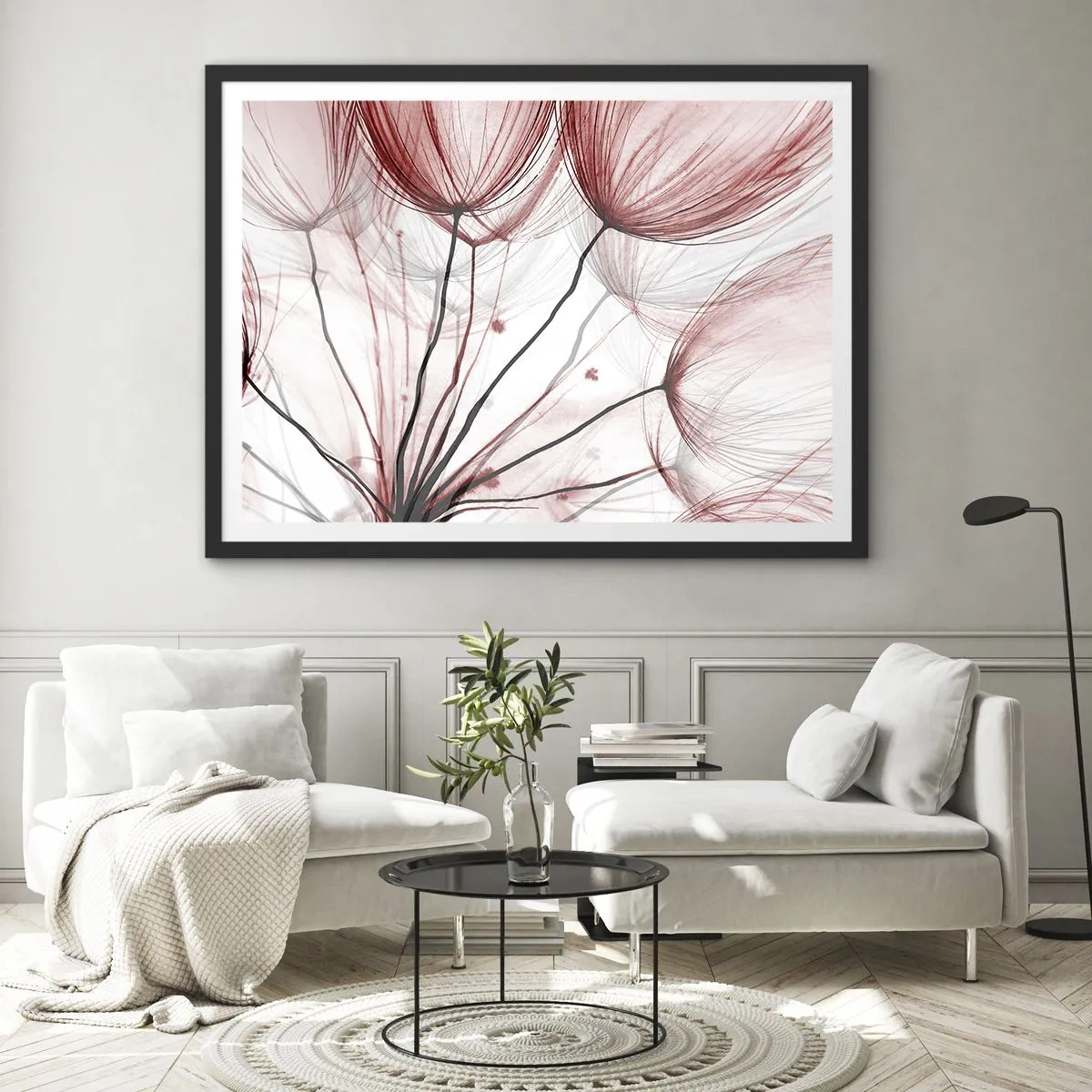 Affiche dans un cadre noir - Poster - Fleurs délicates dans des tons de rouge sur fond clair - 70x50cm - Avant le départ - Décoration murale moderne pour le salon et la chambre ARTTOR